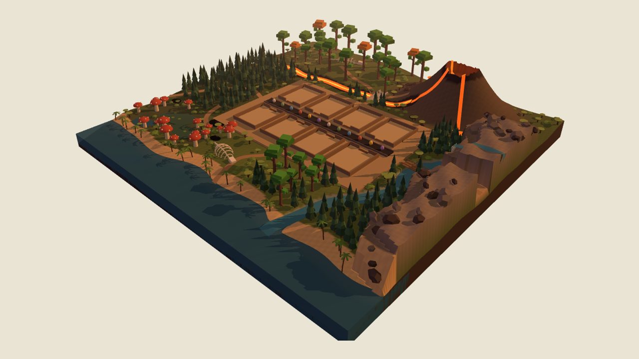 Isometric view of the prehistoric map for Steal a Dinosaur: pens, a volcano, a canyon and a coast