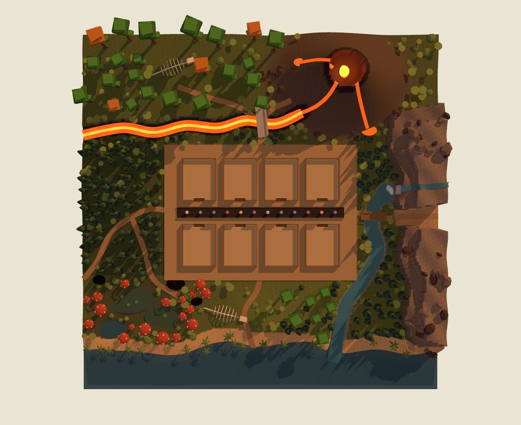 Top-down view of the prehistoric map: eight dinosaur pens, a lava river and a volcano