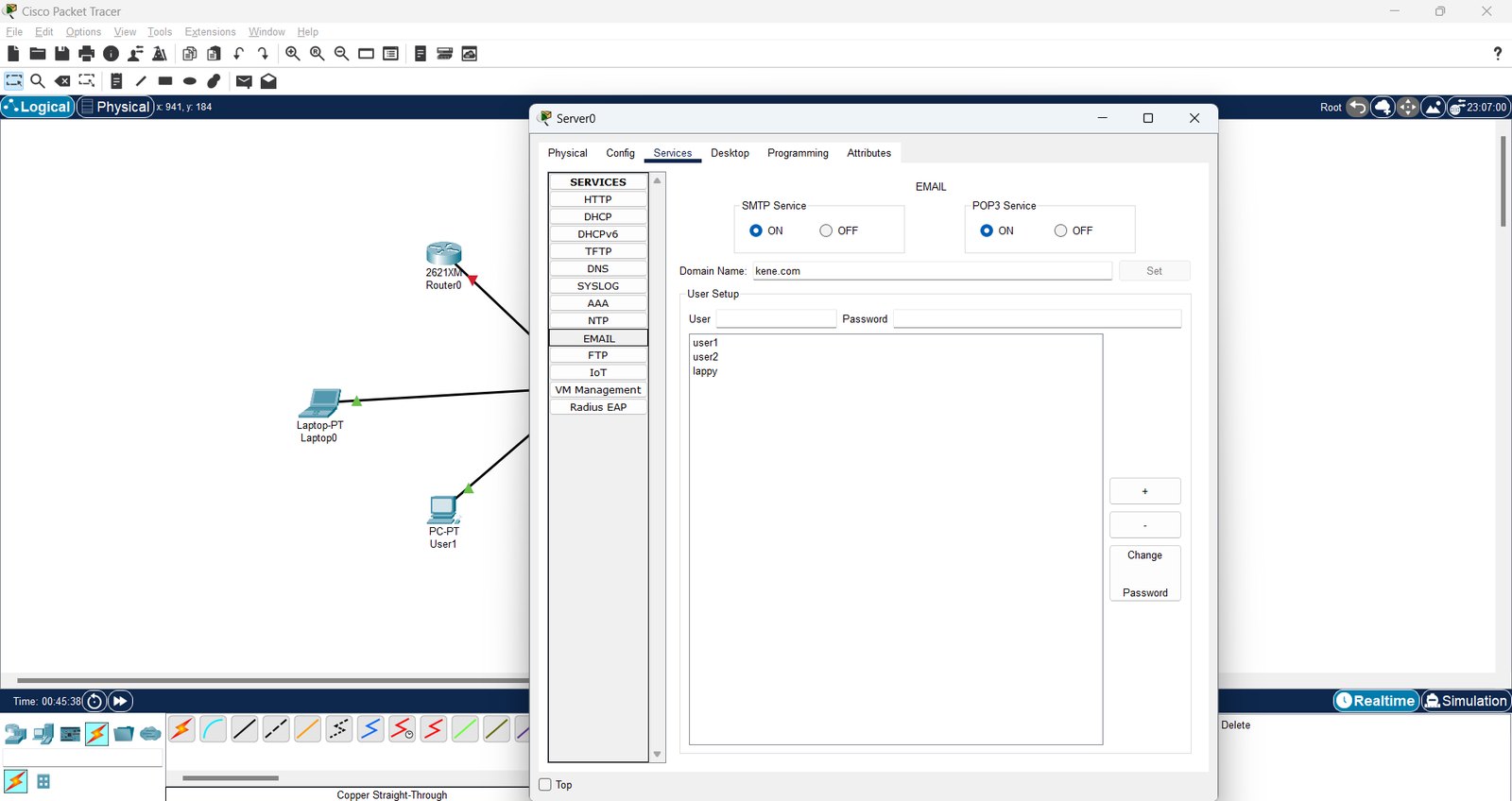 A Packet Tracer email server with SMTP and POP3 turned on