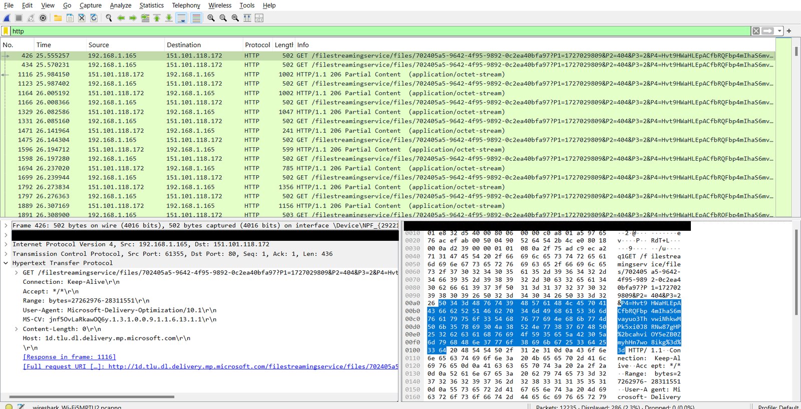 A Wireshark capture filtered to HTTP, with hardware addresses blacked out