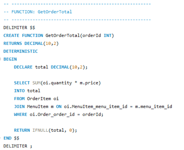 SQL for the GetOrderTotal function