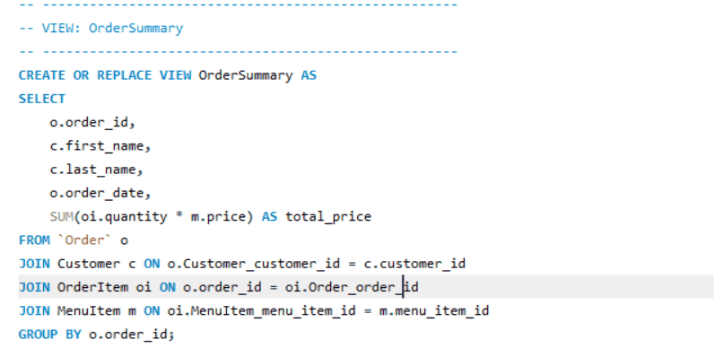 SQL for the OrderSummary view
