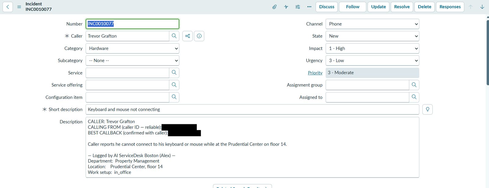 ServiceNow incident Alex filed from a test call: a keyboard and mouse hardware issue with impact and urgency set, caller ID and callback numbers blacked out